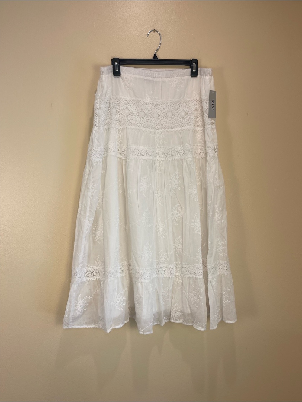White Cotton Embroidered Lace Maxi Skirt Pull On Boho Tiered XL Cottagecore NWT